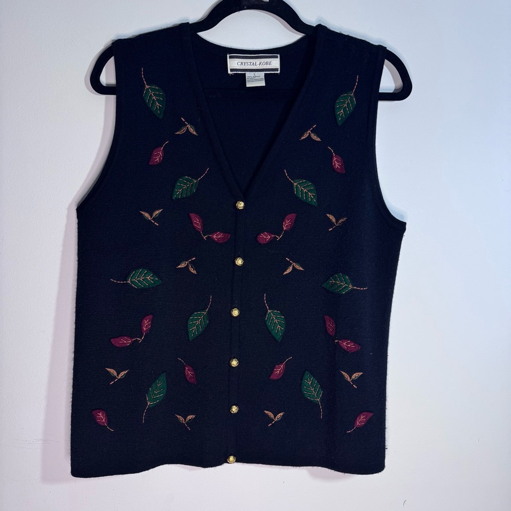 Vintage Crystal Kobe Embroidered Leaf Sweater Vest Black Button Front Size L